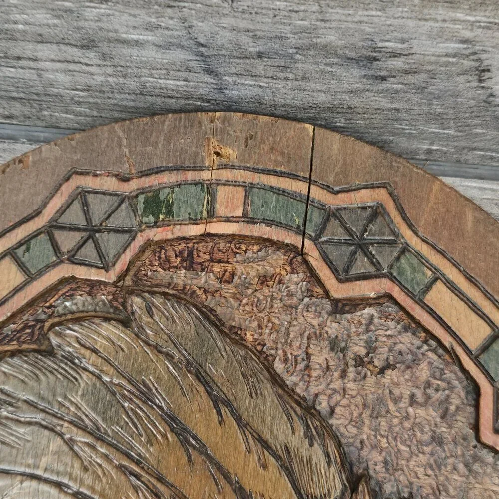 Flemish Wood Carved Mosaic Glass Inlay Native American Oval Photography Art Work